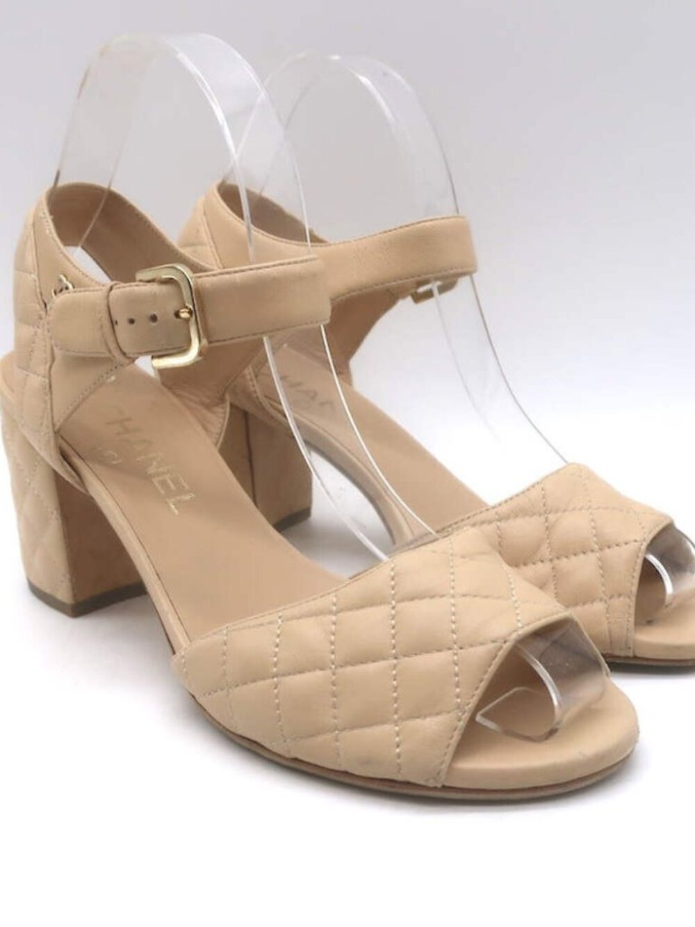 Chanel Quilted Lambskin Leather Ankle Strap Block Heel Sandals Beige Size 36.5